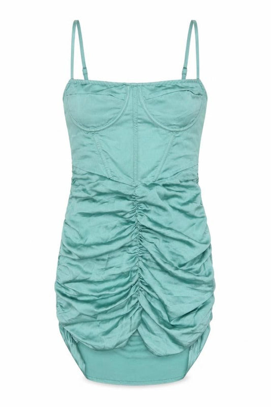 Front view of PrettyLittleThing Women Green UK 10 Satin Ruched Bodycon Mini Dress