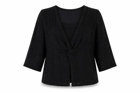 Front view of Alex & Co. Women Black UK 14 Crochet Kimono Open Front Top