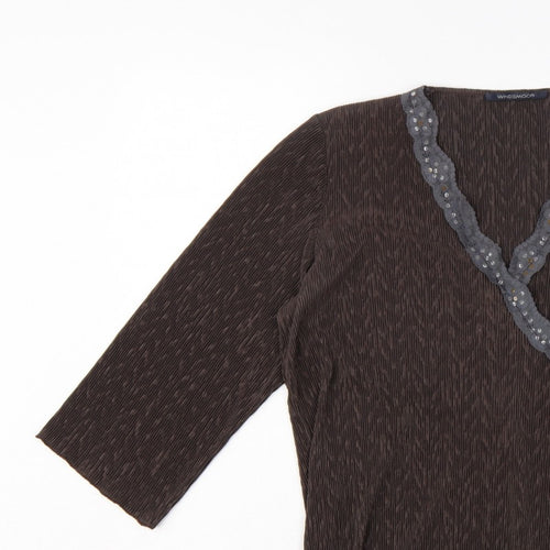 Windsmoor Women’s Brown M Wrap Blouse 3/4 Sleeve Beaded V-Neck