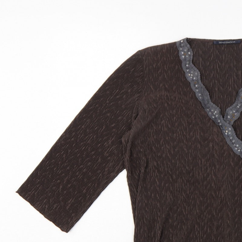 Windsmoor Women’s Brown M Wrap Blouse 3/4 Sleeve Beaded V-Neck