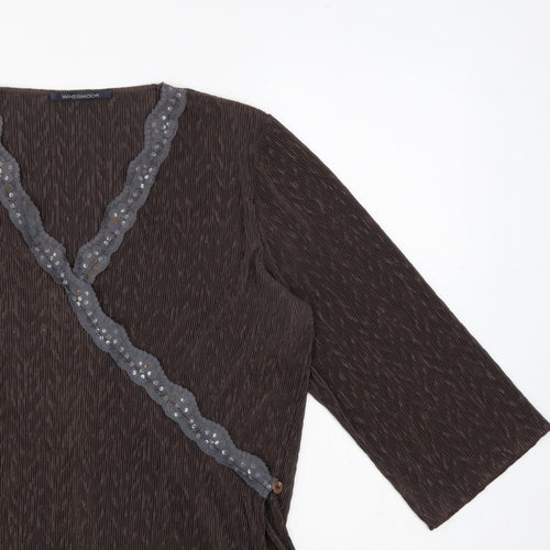 Windsmoor Women’s Brown M Wrap Blouse 3/4 Sleeve Beaded V-Neck