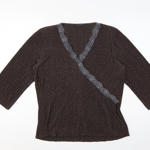 Windsmoor Women’s Brown M Wrap Blouse 3/4 Sleeve Beaded V-Neck