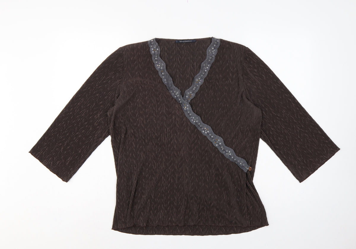 Windsmoor Women’s Brown M Wrap Blouse 3/4 Sleeve Beaded V-Neck