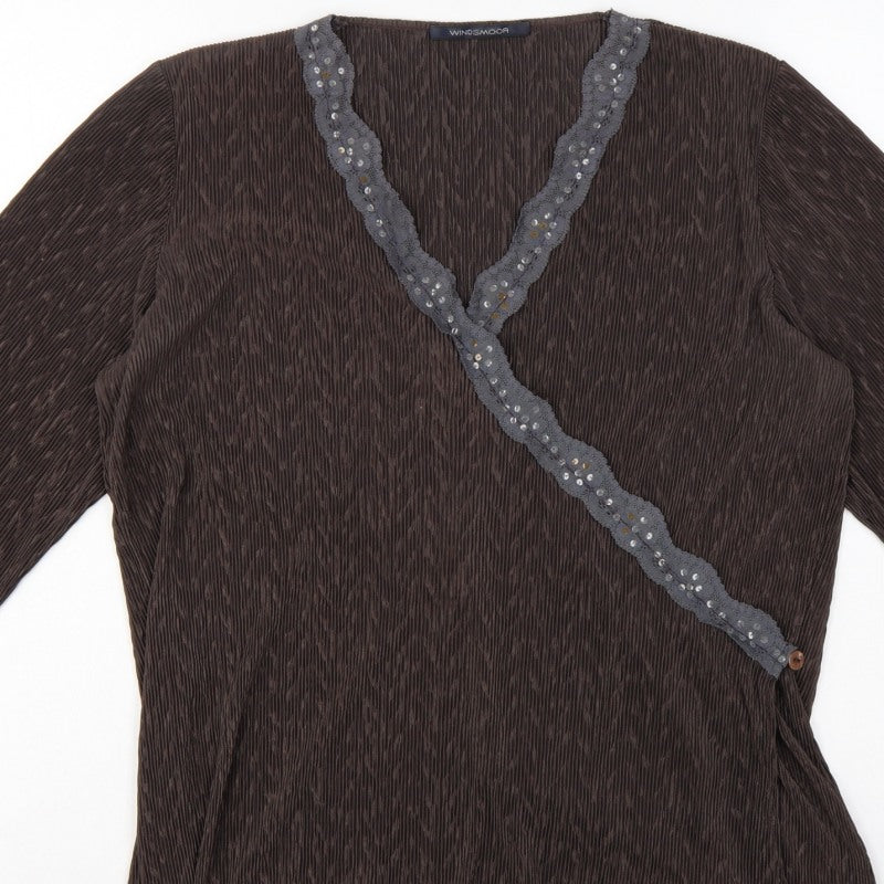 Windsmoor Women’s Brown M Wrap Blouse 3/4 Sleeve Beaded V-Neck