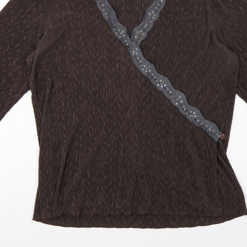 Windsmoor Women’s Brown M Wrap Blouse 3/4 Sleeve Beaded V-Neck