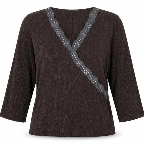 Windsmoor Women’s Brown M Wrap Blouse 3/4 Sleeve Beaded V-Neck