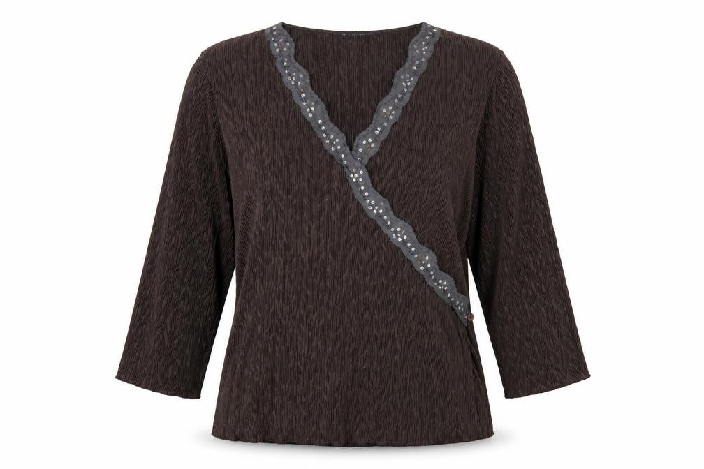 Windsmoor Women’s Brown M Wrap Blouse 3/4 Sleeve Beaded V-Neck