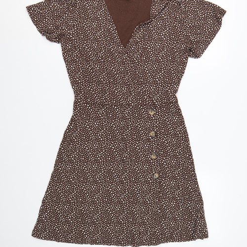 Next Women Brown Animal Print Wrap Dress UK 10 Knee Length Stretch