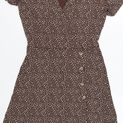 Next Women Brown Animal Print Wrap Dress UK 10 Knee Length Stretch