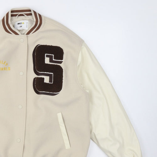 H&M Smiley Women Beige S Varsity Bomber Jacket Snap Padded