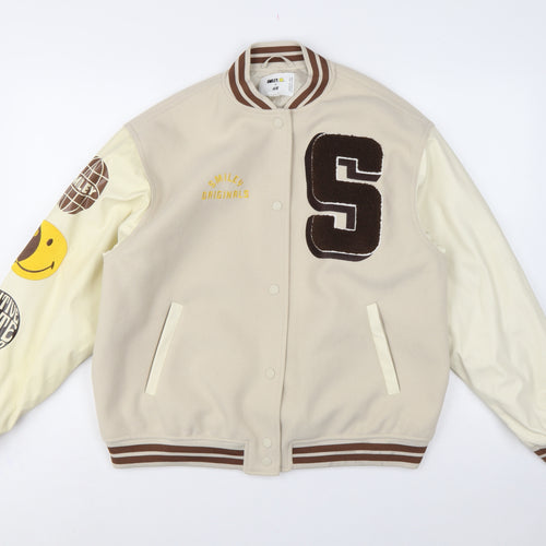 H&M Smiley Women Beige S Varsity Bomber Jacket Snap Padded