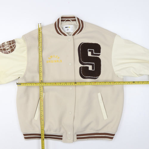 H&M Smiley Women Beige S Varsity Bomber Jacket Snap Padded
