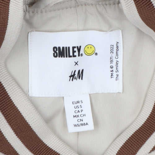H&M Smiley Women Beige S Varsity Bomber Jacket Snap Padded
