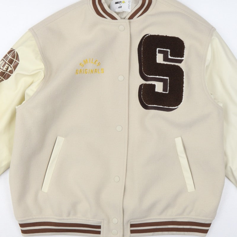H&M Smiley Women Beige S Varsity Bomber Jacket Snap Padded