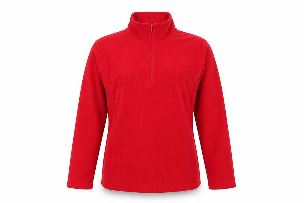 Front view of Redec Women’s Red, size UK 10, Fleece 1/4 Zip Pullover Sweatshirt