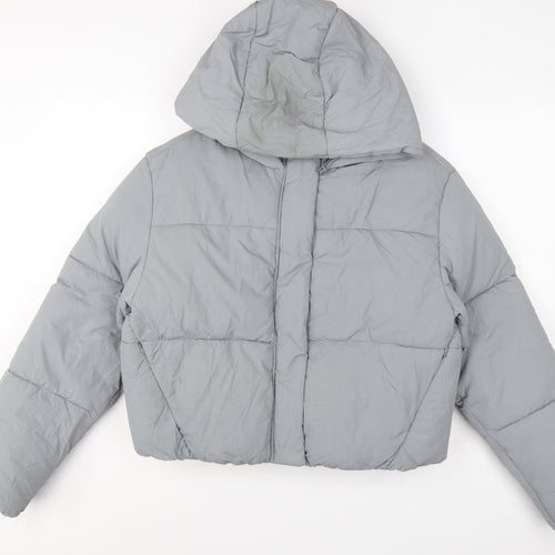 Zara Women Grey S Hooded Puffer Jacket Short Quilted Zip Pockets
