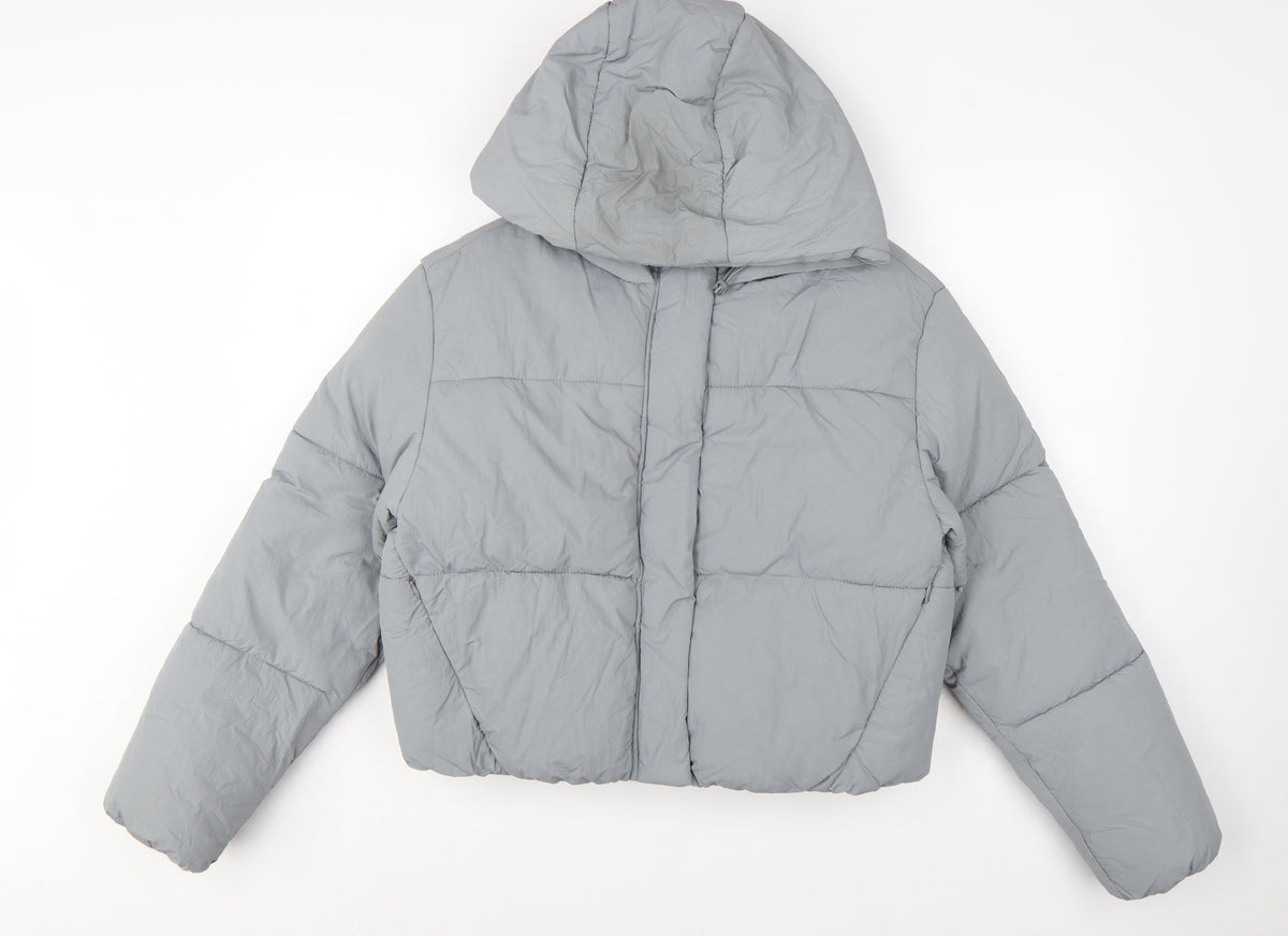 Zara Women Grey S Hooded Puffer Jacket Short Quilted Zip Pockets