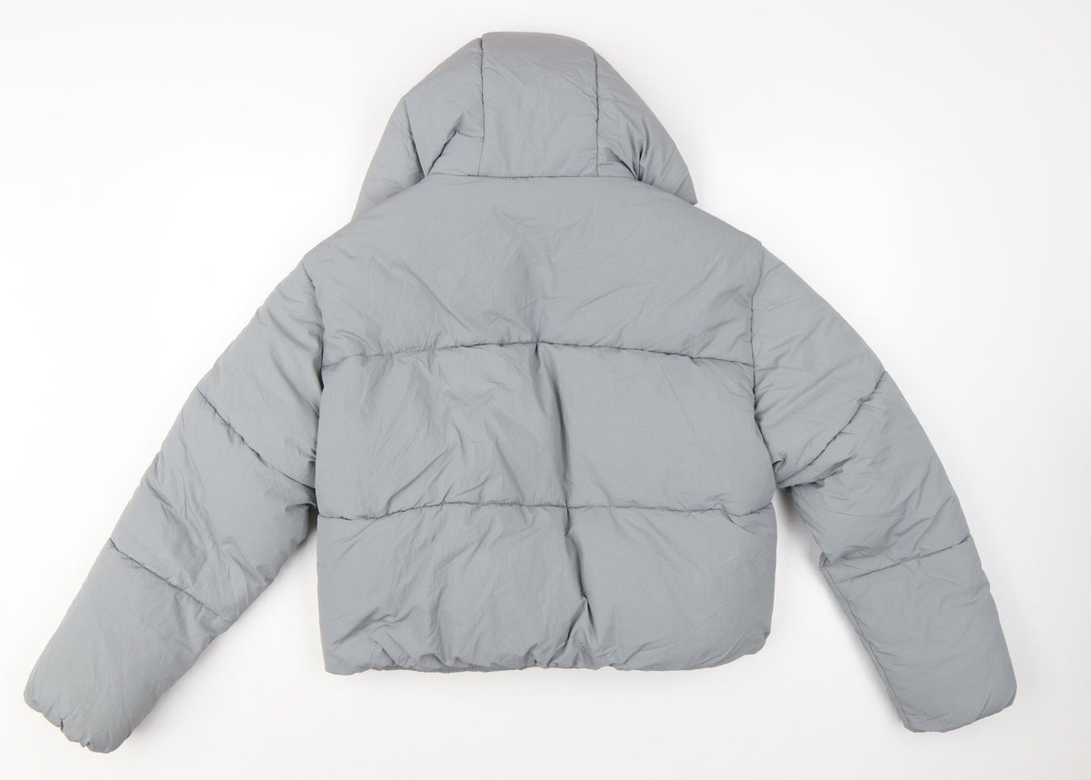 Zara Women Grey S Hooded Puffer Jacket Short Quilted Zip Pockets