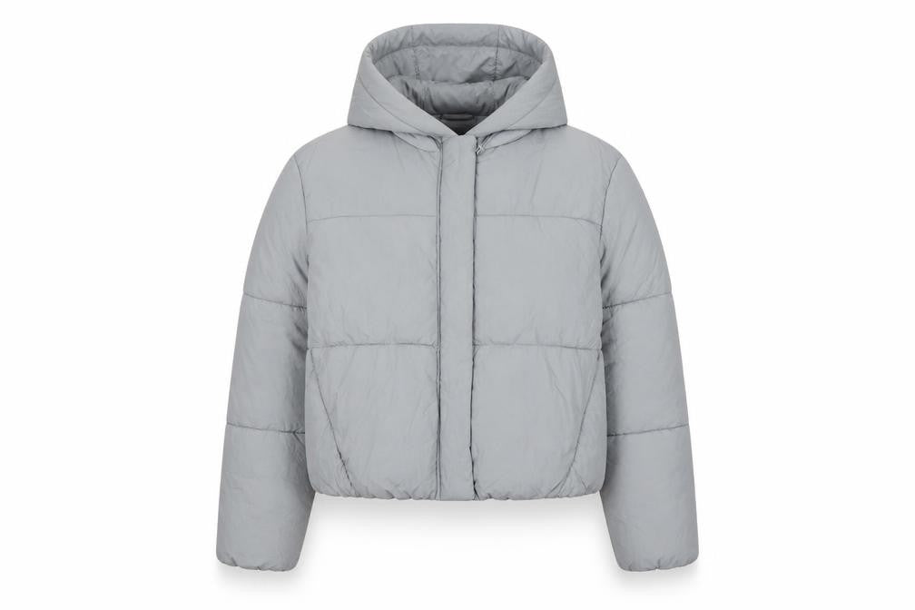 Zara Women Grey S Hooded Puffer Jacket Short Quilted Zip Pockets