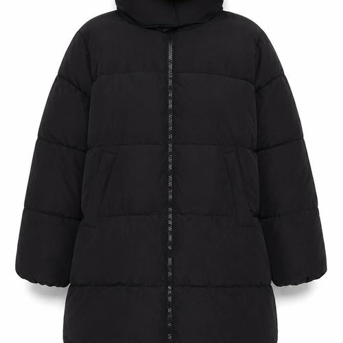 H&M Women Black M Long Puffer Coat Hooded Quilted Winter Jacket