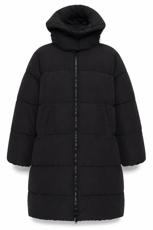 H&M Women Black M Long Puffer Coat Hooded Quilted Winter Jacket