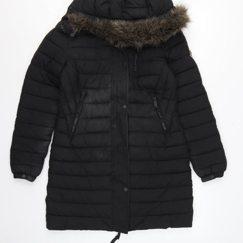Superdry Women Black UK 8 Hooded Faux Fur Trim Puffer Coat