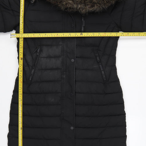 Superdry Women Black UK 8 Hooded Faux Fur Trim Puffer Coat