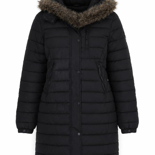 Superdry Women Black UK 8 Hooded Faux Fur Trim Puffer Coat
