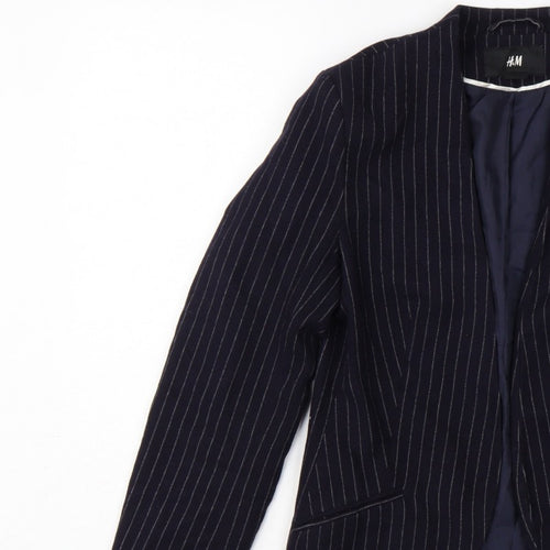 H&M Women Blue Pinstripe Blazer UK 6 Slim Fit Lined Workwear