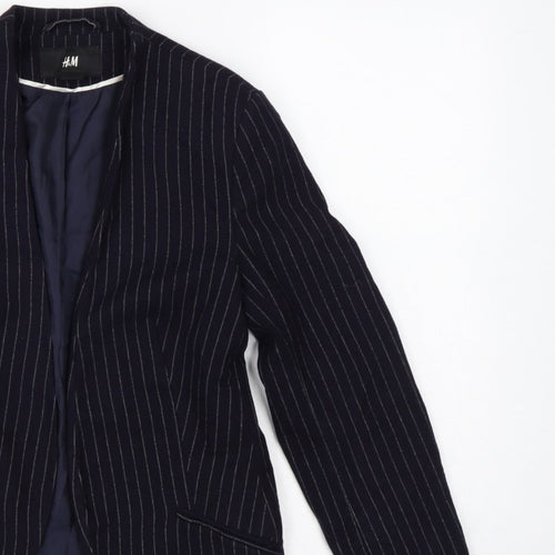 H&M Women Blue Pinstripe Blazer UK 6 Slim Fit Lined Workwear