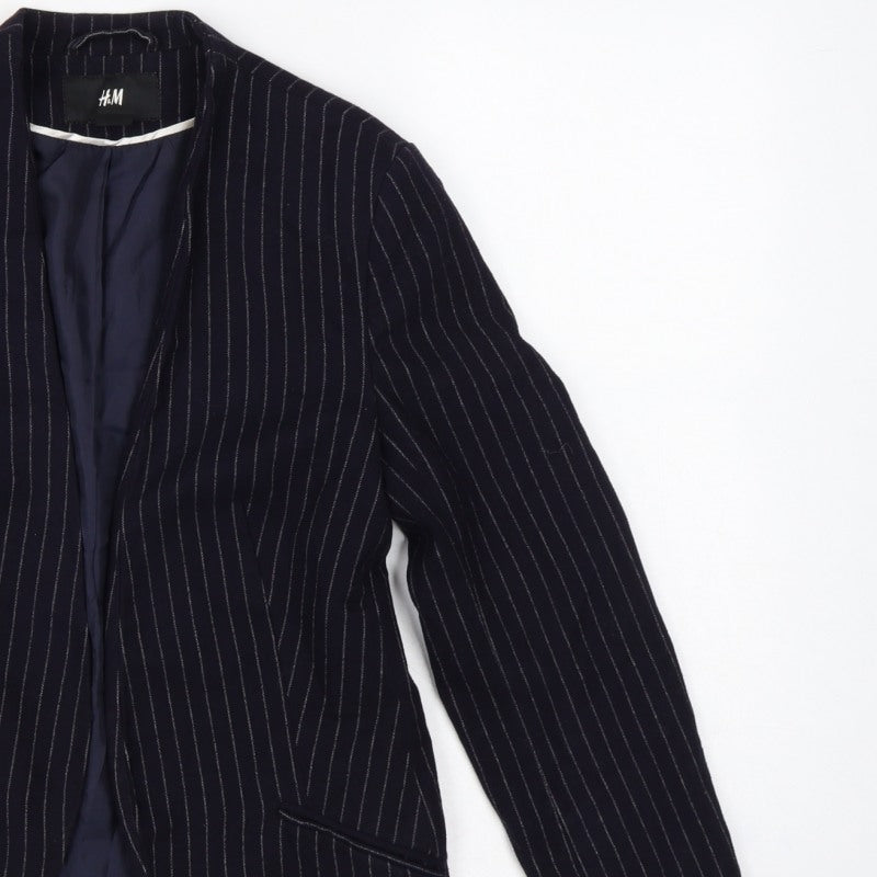H&M Women Blue Pinstripe Blazer UK 6 Slim Fit Lined Workwear