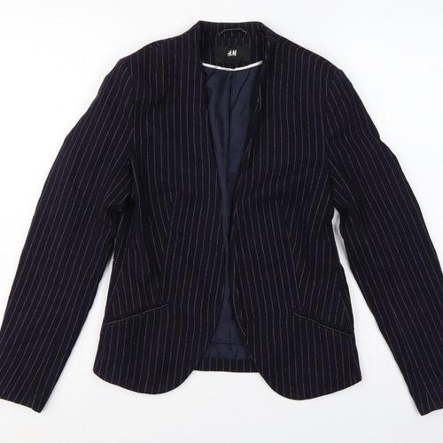 H&M Women Blue Pinstripe Blazer UK 6 Slim Fit Lined Workwear