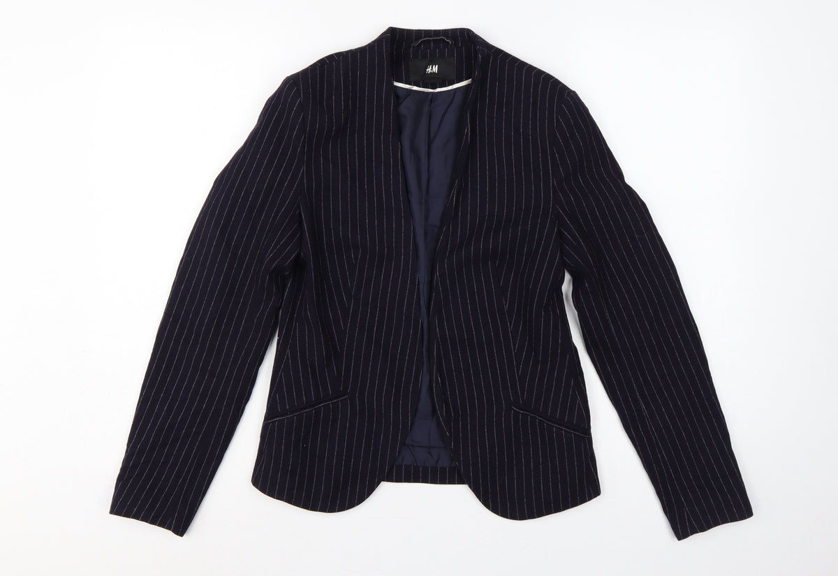 H&M Women Blue Pinstripe Blazer UK 6 Slim Fit Lined Workwear