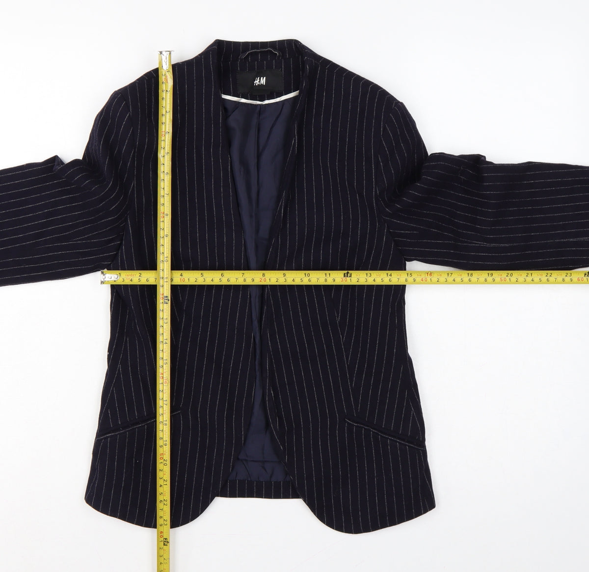 H&M Women Blue Pinstripe Blazer UK 6 Slim Fit Lined Workwear