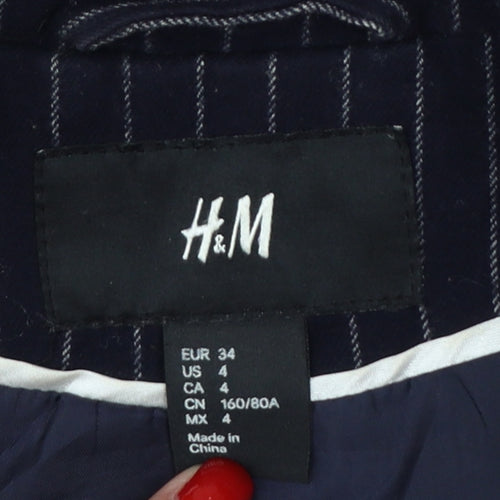 H&M Women Blue Pinstripe Blazer UK 6 Slim Fit Lined Workwear