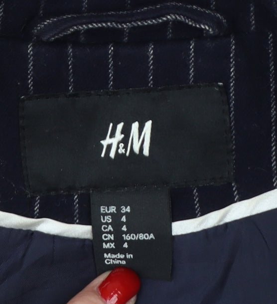 H&M Women Blue Pinstripe Blazer UK 6 Slim Fit Lined Workwear