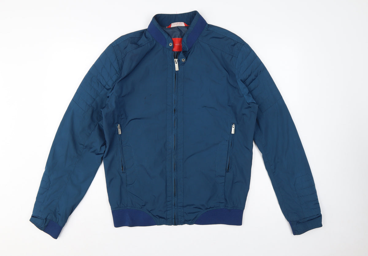 Zara Man Men Blue L Bomber Jacket Quilted Sleeve Full Zip