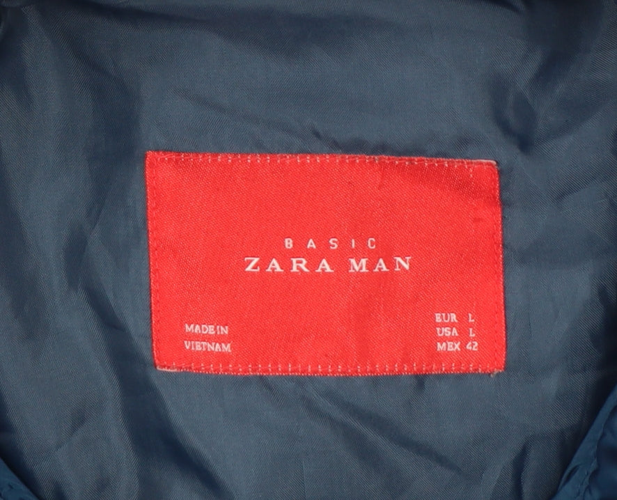 Zara Man Men Blue L Bomber Jacket Quilted Sleeve Full Zip