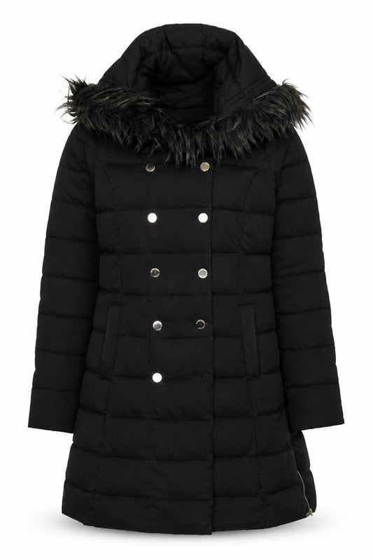 Marciano Guess Women Black XL Long Puffer Coat Faux Fur Hood