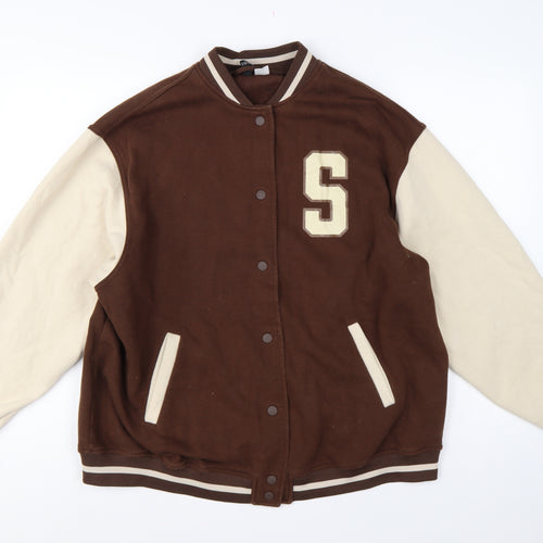 H&M Divided Women Brown Cream M Varsity College Snap Sweatshirt