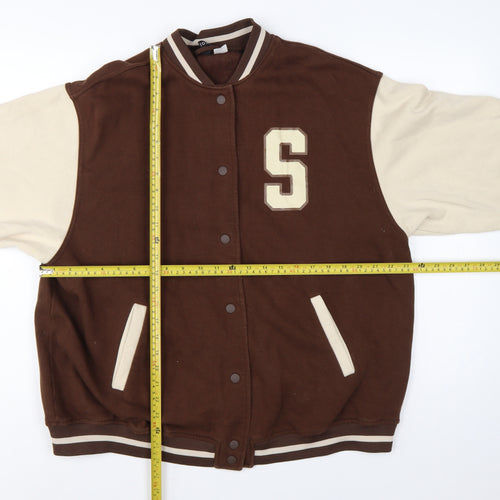 H&M Divided Women Brown Cream M Varsity College Snap Sweatshirt