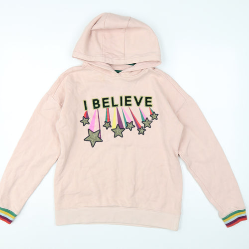Boden Girls Pink 11-12 Years Pullover Hoodie Glitter Star Rainbow