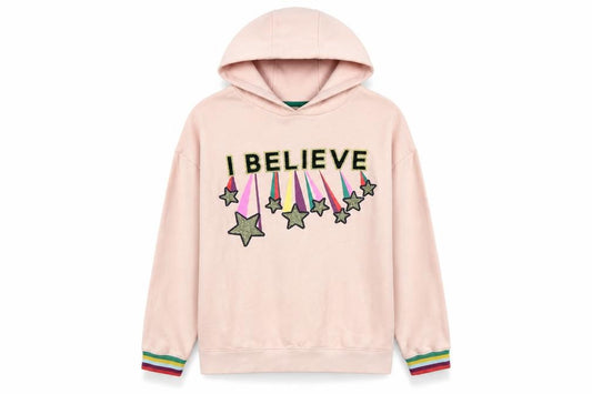 Front view of Boden girls’ pink 11-12 years pullover hoodie glitter star rainbow