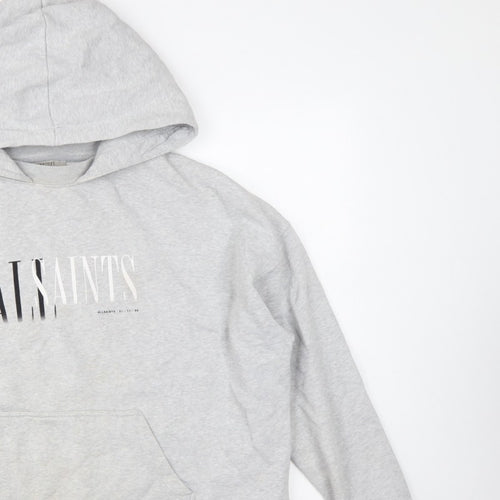 AllSaints Women’s Grey Medium Logo Pullover Hoodie Cotton Blend