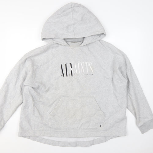 AllSaints Women’s Grey Medium Logo Pullover Hoodie Cotton Blend