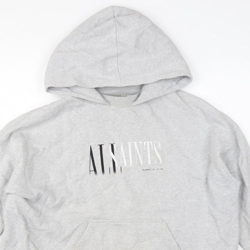 AllSaints Women’s Grey Medium Logo Pullover Hoodie Cotton Blend