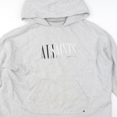 AllSaints Women’s Grey Medium Logo Pullover Hoodie Cotton Blend