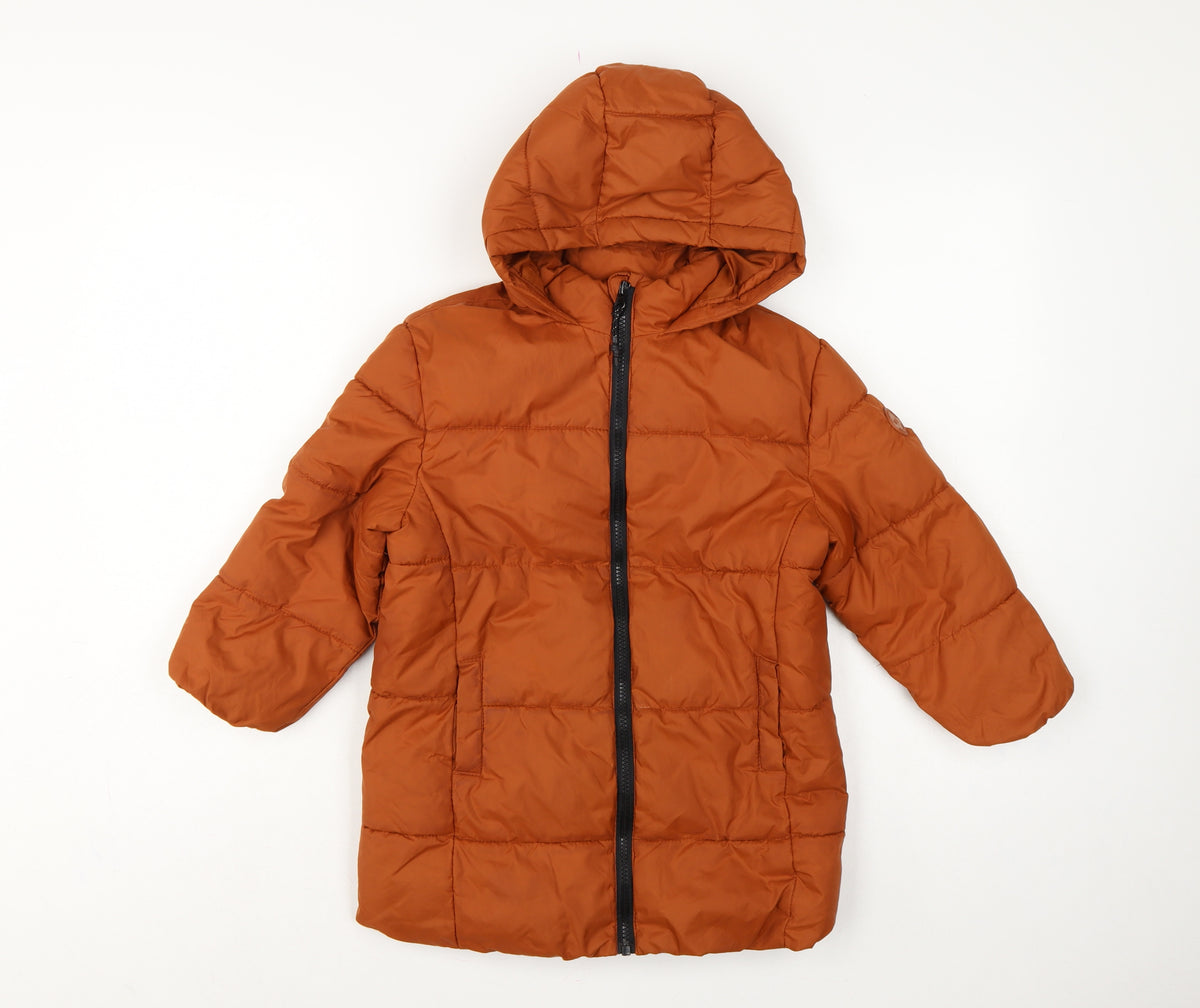 MNG Girls Orange 5-6 Years Hooded Quilted Puffer Coat Zip Pockets