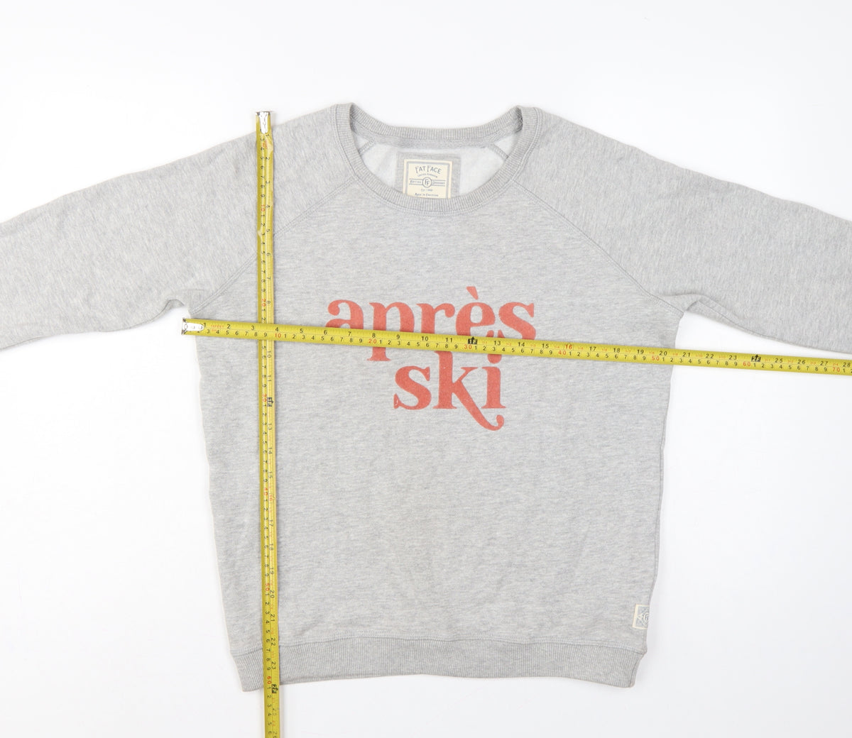 Close-up detail of Fat Face Women’s Grey S Aprés Ski Graphic Pullover Sweatshirt