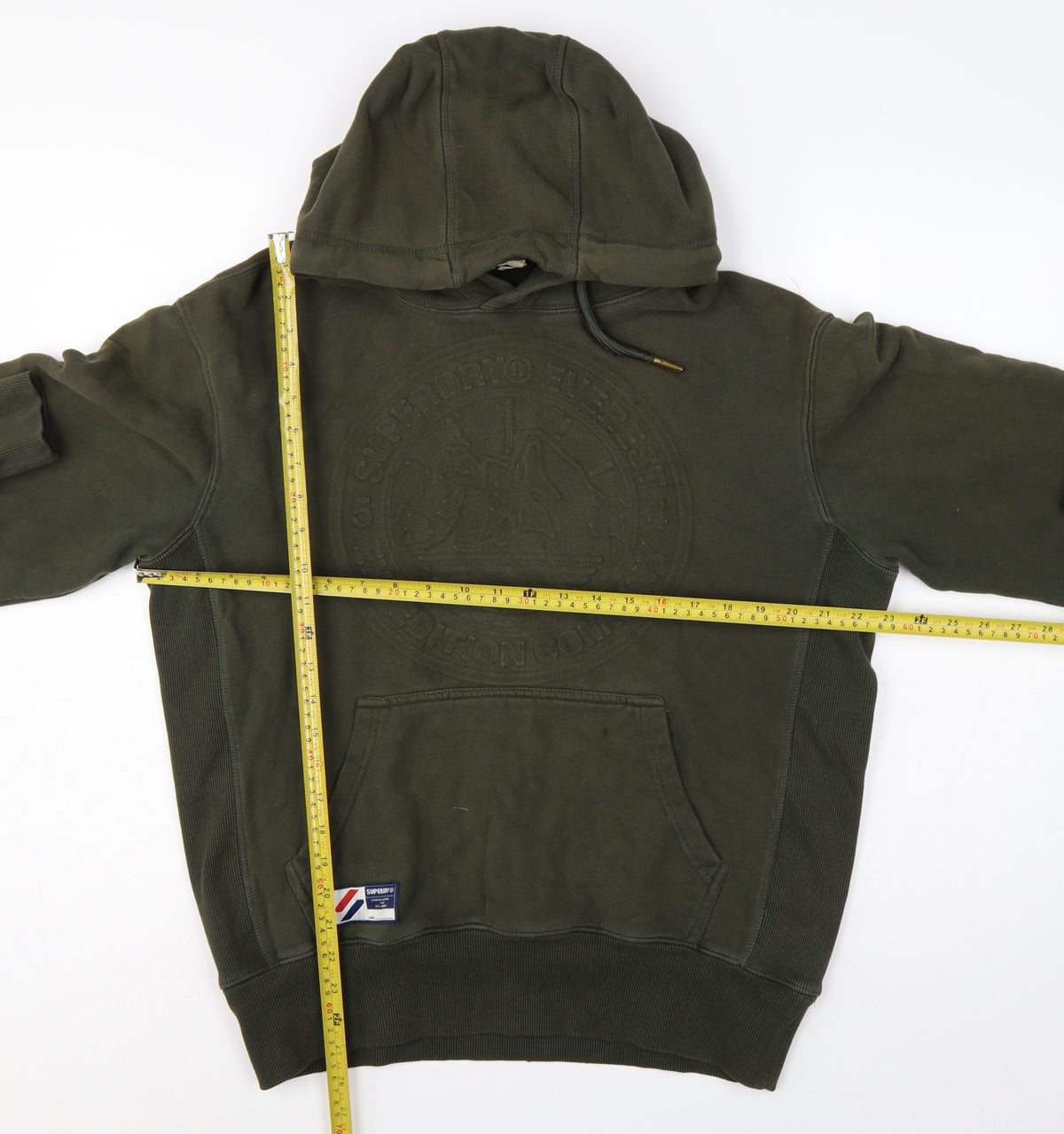 Close-up detail of Superdry Men’s Green M Pullover Hoodie Army Logo Graphic Fleece